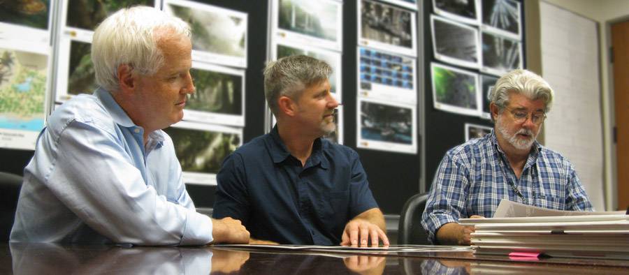 Walt Disney Imagineering Creative Executive Tom Fitzgerald, ILM VFX Supervisor Bill George, George Lucas. Photo by Greg Grusby.